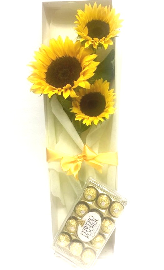 Caja de 03 Girasoles y Bombones Ferrero Rocher de 150 Grs